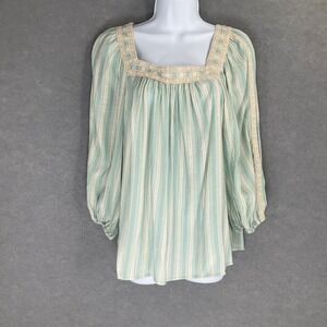 Lauren Conrad Top Womens Sz L Striped Square Neck‎ Lace Trim Peasant Bohemian